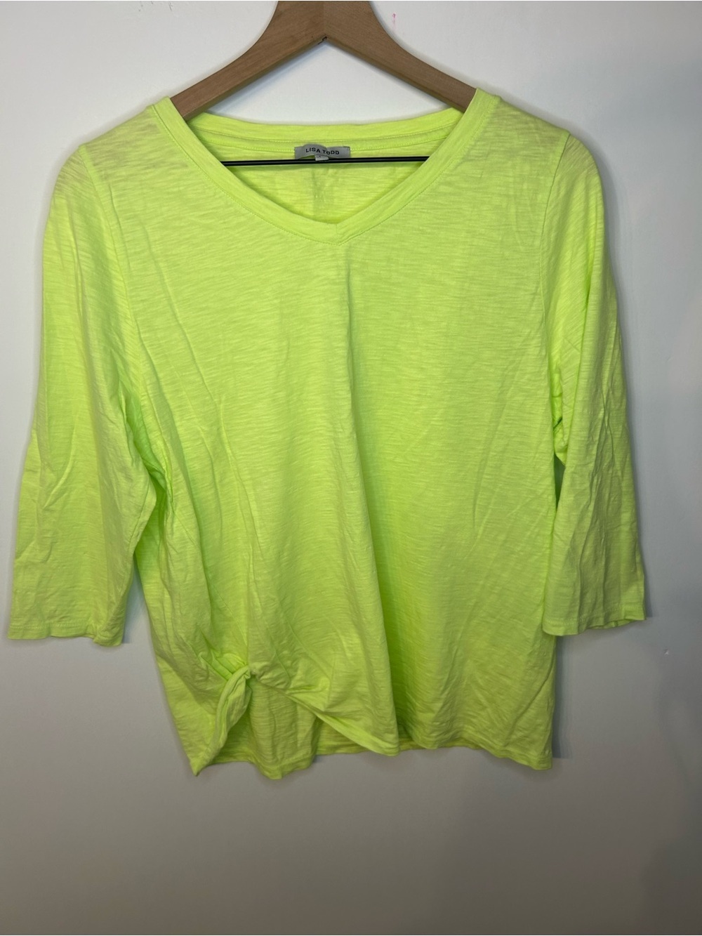 Lisa Todd Women’s Highlighter Yellow/Green V Neck 3/4 Length Sleeve Tee, Large